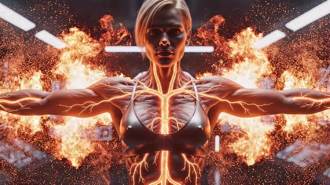 A digital graphic of a human body glowing with vibrant energy lines representing metabolism and fat burning inside the body.