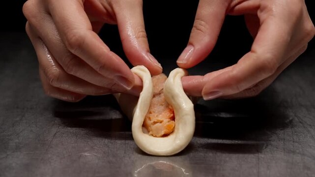 Closeup hands shaping stuffed dough, carefully folding and sealing a small savory dumpling on a metal countertop in a detailed step-by-step cooking process