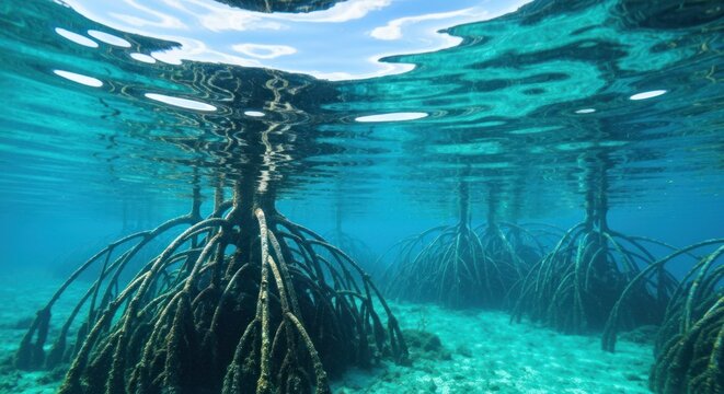Underwater Mangrove Forest Roots - A Vibrant Ecosystem Beneath the Waves.