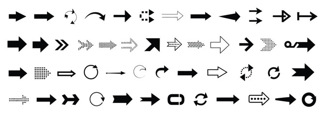 Naklejka premium Collection of diverse black and white arrow icons, including directional, circular, and dotted styles.