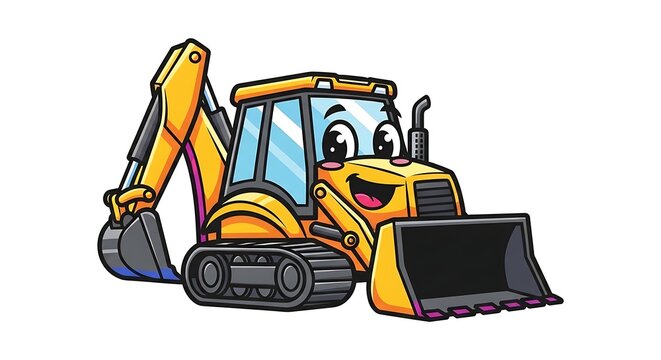 Cartoon excavator with smiling face.