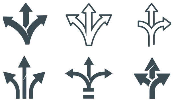 Set of six dark gray arrow icons representing direction, choice, and divergence on a white background.