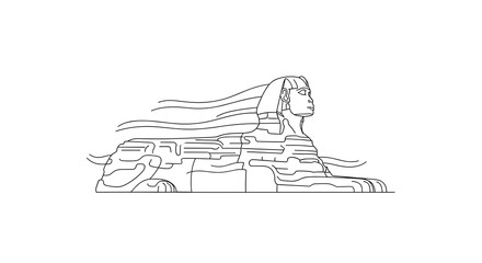 Fototapeta premium A minimalist line art illustration portrays a single Egyptian sphinx in a clean profile view, with simple, flowing lines defining its form against an unblemished white background.