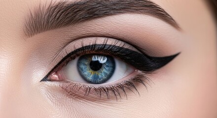 Fototapeta premium Close-up of a blue eye with dramatic winged eyeliner and filled brow