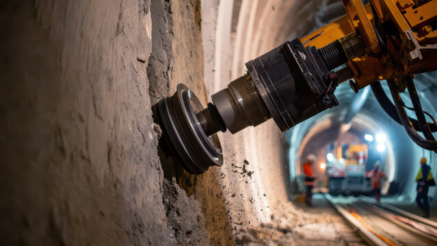 Robotic tunnel cutter grinding concrete in underground excavation, automated mining machinery performing rock cutting, drill head closeup, safety crew in background, rail track maintenance