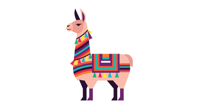 A stylized light brown llama stands on a plain white background, adorned with vibrant geometric textiles featuring horizontal stripes and triangular tassels.