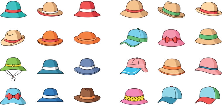 Cartoon vector illustration of colorful hats in diverse fashion and cultural headwear collection