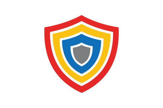 A layered shield emblem with concentric colors and a central gray shield motif Vector