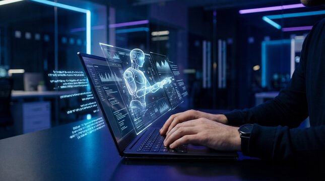 Innovative technology demonstration modern office digital interaction futuristic environment close-up viewpoint human-machine collaboration