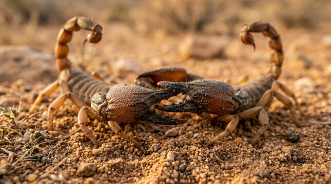 Two scorpions confrontation on desert sand close up wildlife danger concept