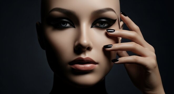 Elegant face with dramatic black eye makeup, dark nails, and a hand