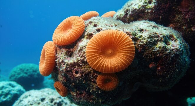Vibrant Orange Cup Corals Thriving on a Rocky Reef in Clear Waters.