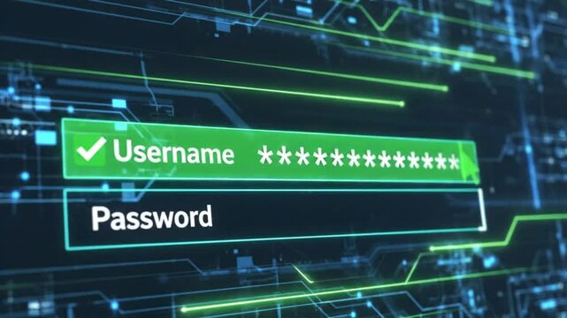 Digital Access Granted Animation of Username and Password Login Screen with Circuit Board Background