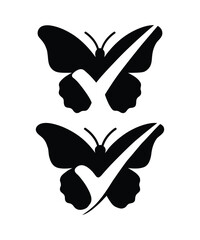 Obraz premium Minimal butterfly checkmark icon set, abstract symmetry logo design, modern black silhouette vector