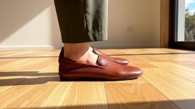Person in brown leather loafers and olive green pants stepping on hardwood floor in natural sunlight