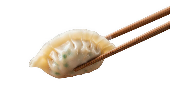 A delicious dumpling held by chopsticks isolated on transparent background