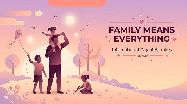 Family plays outdoors on grassy hill with kite and balloons celebrating international day of families message family means everything.