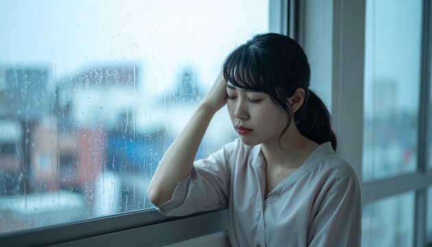 雨の日に窓辺で頭を抱える女性