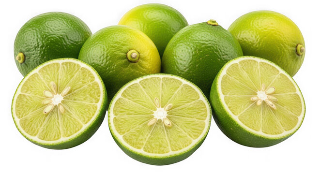 Fresh green limes and sliced lime isolated on transparent background