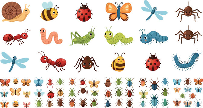 Cartoon vector illustration of insects and creatures with colorful variations in playful educational set