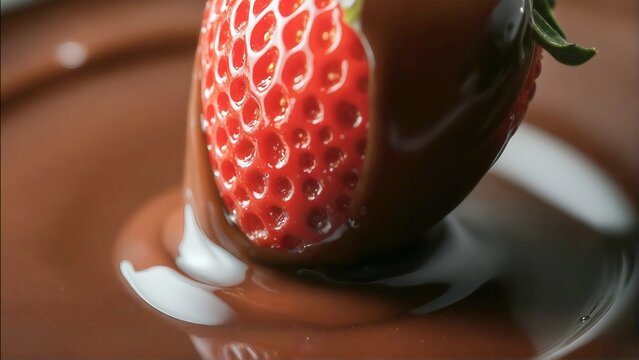 Close-up of a fresh, ripe red strawberry being dipped into smooth, swirling melted dark chocolate, creating a delicious and indulgent dessert scene