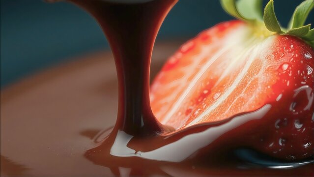 Close-up of a fresh, ripe red strawberry being dipped into smooth, swirling melted dark chocolate, creating a delicious and indulgent dessert scene