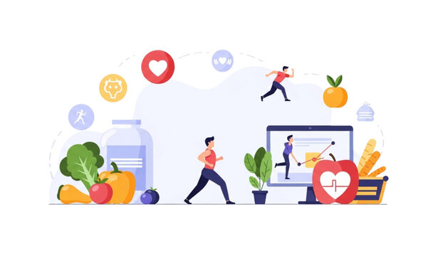 Wellness concept illustration with exercise and healthy nutrition for strong body and mind