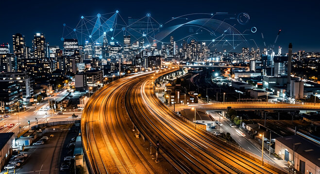 Cityscape at night with illuminated skyscrapers and highway illuminated by golden light symbolizing connectivity technology data flow and urban development with network graphic overlay.