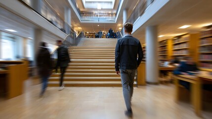 Obraz premium A figure moves through a grand multi story library featuring wide central stairs and towering bookshelves