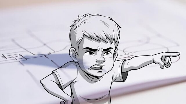 Cartoon boy character reacting with frustration, confusion and anger against a blueprint background for childhood problem-solving concept and emotional expression