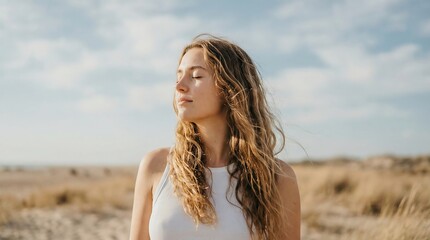 Obraz premium Close-up of a young woman with long wavy hair enjoying the sun on a sandy beach, with a serene expression and blue sky.