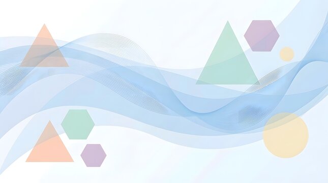 Abstract digital illust n featuring pastel geometric shapes like triangles hexagons and circles against a backdrop of soft flowing blue