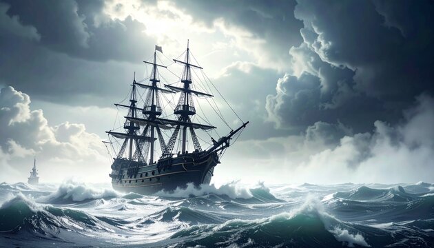 荒波を進む不気味な幽霊船