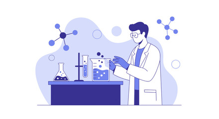 Fototapeta premium Scientist in Lab Coat Conducting Experiment with Beakers and Molecules