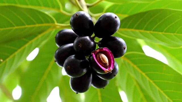 Close-up of a cluster of ripe Java plum fruits hanging from a tree branch with lush green leaves in the background.