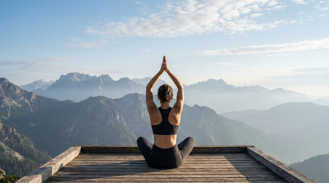 Yoga day meditation pose on wooden platform with raised arms overlooking mountain range under clear sky symbolizing peace mindfulness and spirituality