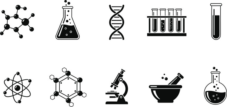 Collection of black and white scientific icons including molecular structures, laboratory equipment, DNA helix, microscope, and chemistry research tools illustration