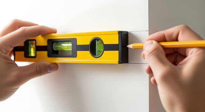 Professional Worker Using A Spirit Level And Pencil To Mark Precise Horizontal Alignment Lines