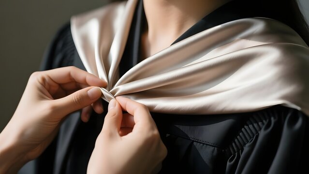 Academic graduation gown with satin hood, close up of student hands adjusting black commencement robe, elegant university graduation ceremony attire