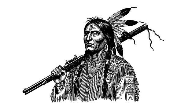Apache Tribal Warrior with Rifle Vintage Engraving Style Illustration
