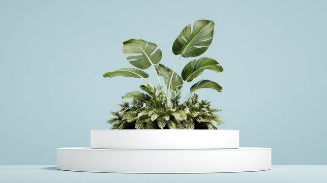 Indoor plant on white pedestal against light blue backdrop