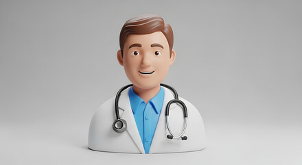 Fototapeta premium Friendly male doctor avatar with stethoscope wearing white coat and blue shirt representing professional healthcare medical assistance hospital staff.