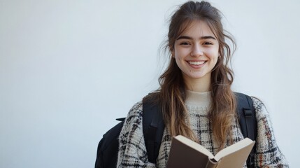 Fototapeta premium Smiling young woman student with backpack and open book, looking at camera