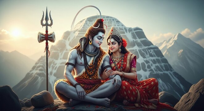 Shiva and Parvati Sitting Together on Mountain.