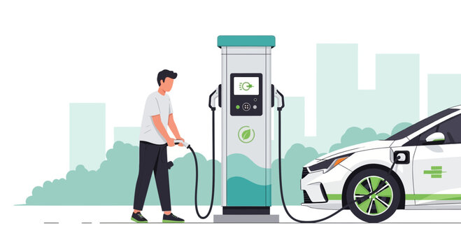 Man charging electric car at modern charging station, sustainable transport concept