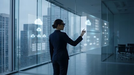 Fototapeta premium A professional woman interacts with a futuristic holographic interface displaying cloud and network data in a modern office
