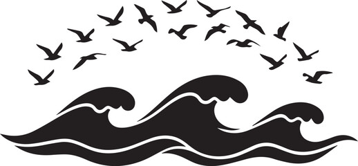 Obraz premium Ocean Waves And Birds Silhouettes Minimal Vector Elements