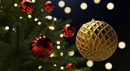 Fototapeta premium Gold and Red Christmas Ornaments on Festive Tree with Bokeh Background