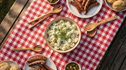 Overhead picnic table with potato salad bowls and sausages