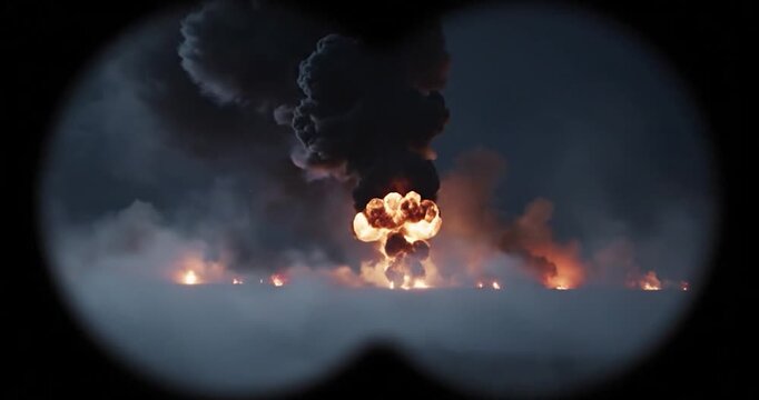 Large Industrial Fire Burning at Night Seen Through Binoculars